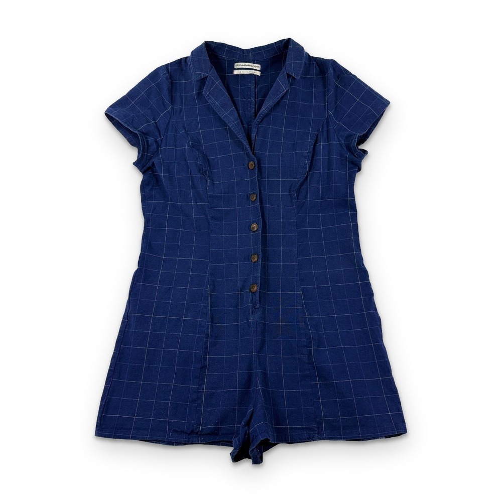 Urban Outfitters Romper Large Blue Windowpane Grid Button Front Short Sleeve L